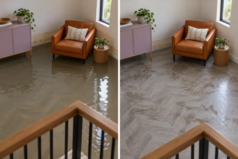Water Extraction Near Pecan Grove Park — matched flooded room and damp floor after bulk collection
