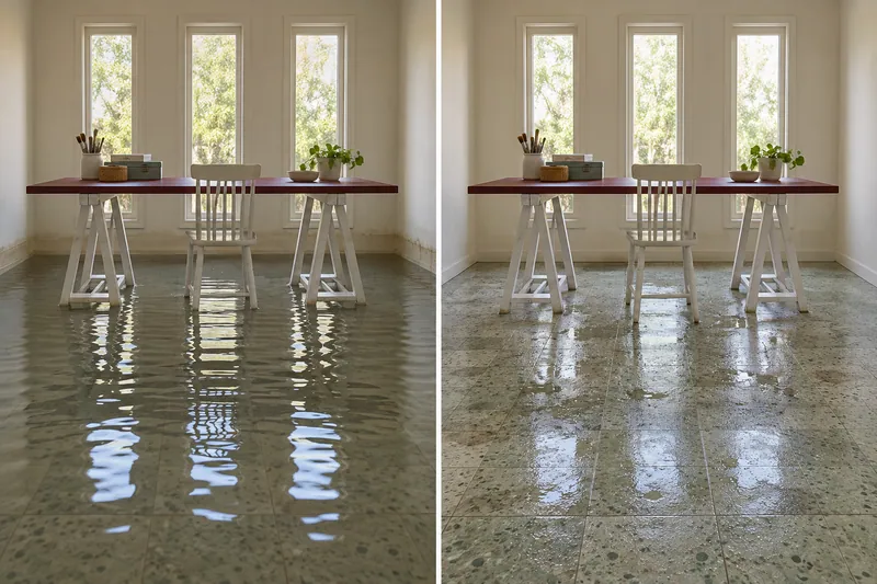 Water Extraction Near Lakeside Park — matched flooded room and damp floor after bulk collection