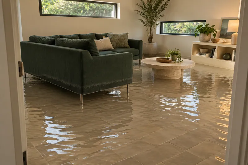 Water Extraction Near Lakeside Park — pooled water and partly submerged furniture feet