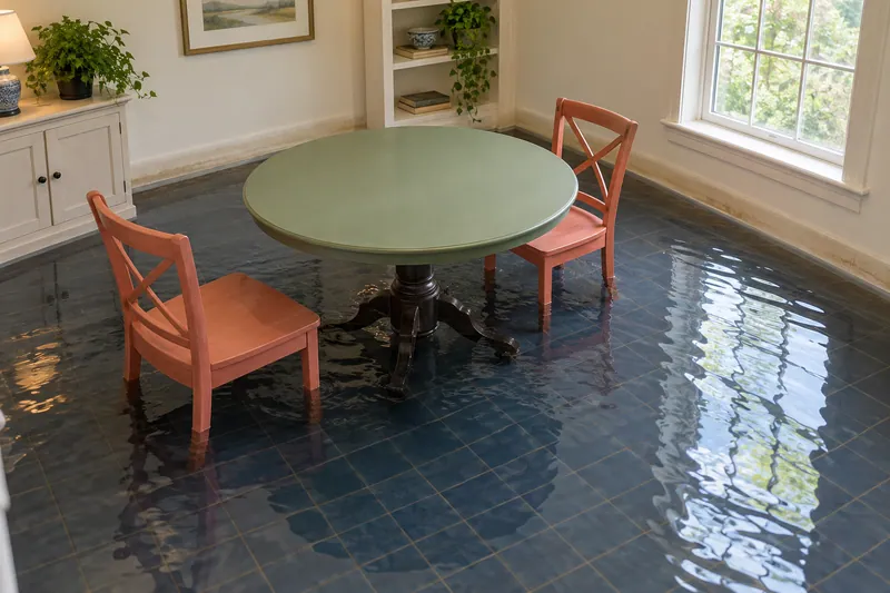 Water Extraction Near Katy Railroad Park — pooled water and partly submerged furniture feet